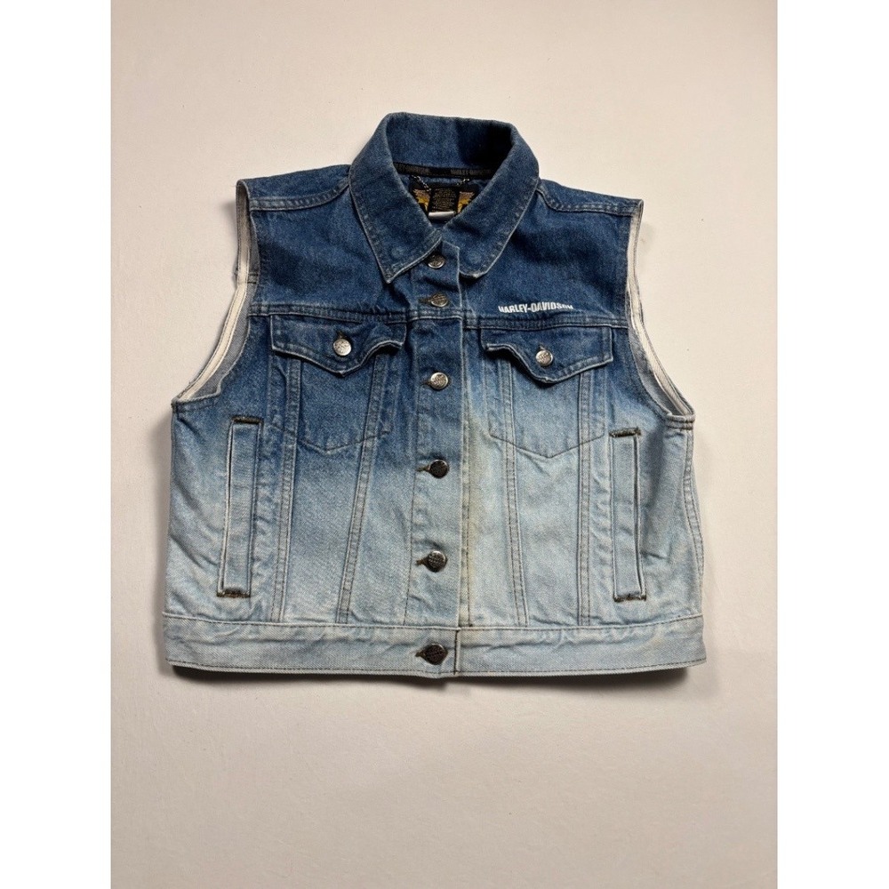 Harley-Davidson Women's Denim Vest Ombré Blue White Biker Sleeveless Large